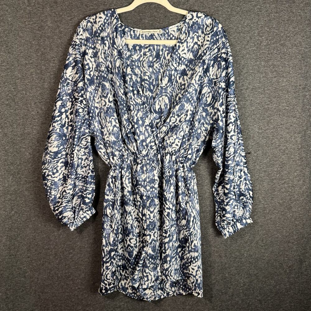 Abercrombie Blue White Print Romper V Neck Balloon Sleeve Women’s Sz Small/Tall